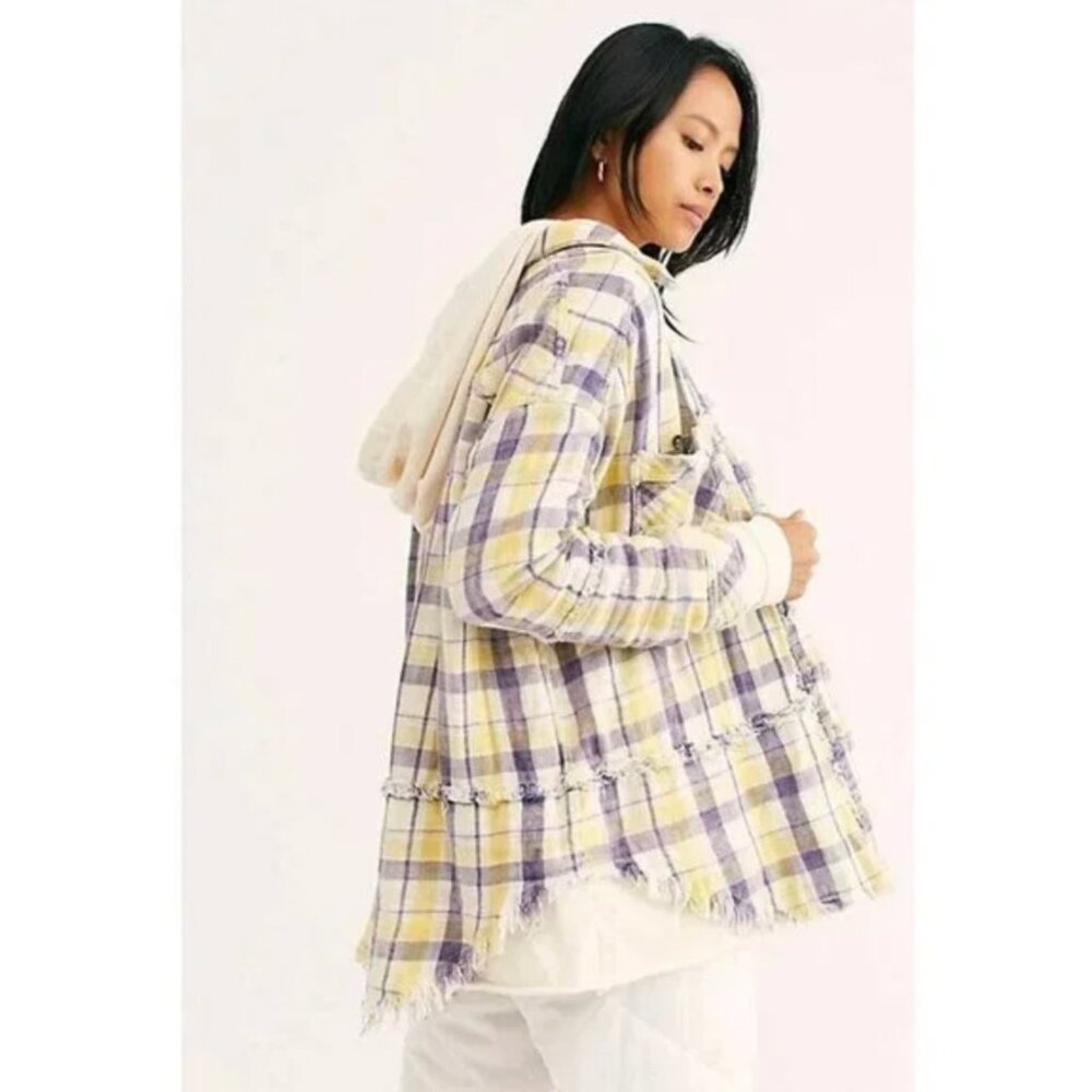 FP We the Free Calico Basin Distressed Yellow & Blue Hoodie Shacket OB9992328 S - Picture 3 of 16